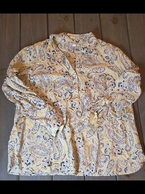 J.Jill Paisley Button Front Blouse Petite Large Yellow Boho Lightweight Top